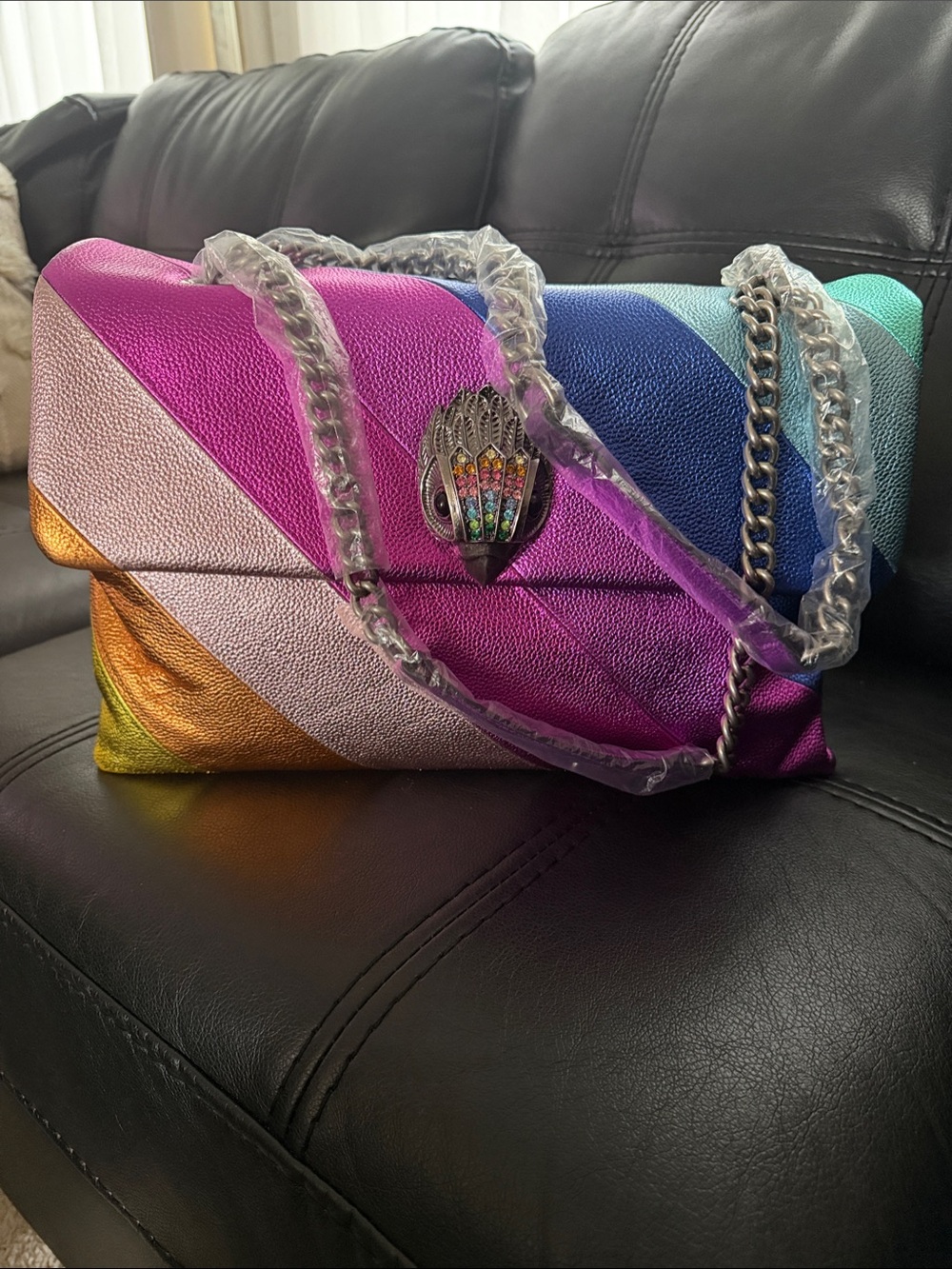 Kurt Geiger Multicolor Metallic Diagonal Stripe Shoulder Bag with Chain